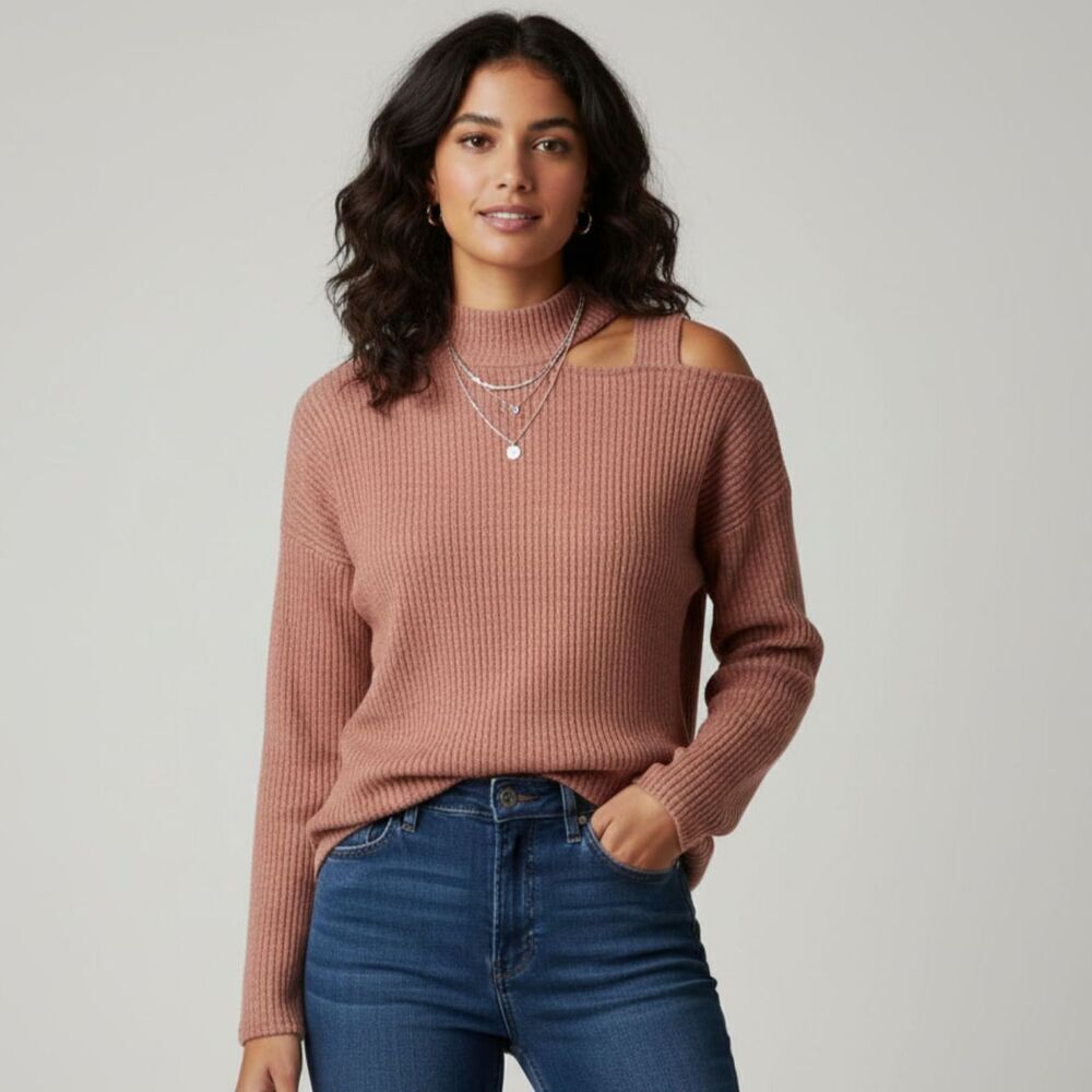 Vanilla Bay Mock Neck Sweater Women sz Large Ribbed Stretch Rust Asymmetrical